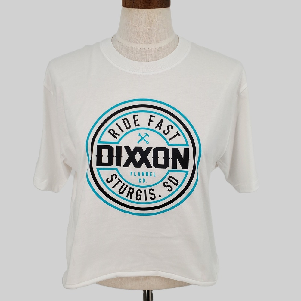 Dixxon Flannel Co Sturgis Ride Fast Cropped White Blue T Shirt Raw Hem Women Med